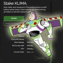 a cartoon of buzz lightyear with the words stake klima on the bottom