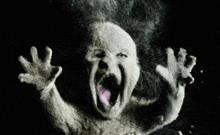 a black and white drawing of a baby with its mouth open and a pink tongue sticking out .