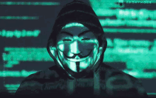 a man wearing an anonymous mask is standing in front of a computer screen