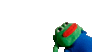 a green frog with a red mouth and a blue shirt is holding a stick .