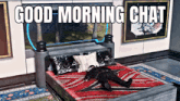a man laying on a bed with the words " good morning chat " written above him