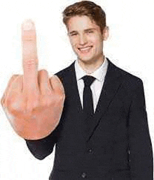 a man in a suit and tie is making a middle finger sign .