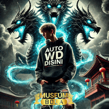 a man wearing a hoodie that says auto wd disini stands in front of two dragons