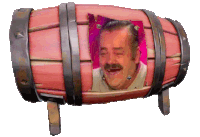 a red barrel with a picture of a man laughing on it