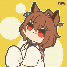 a cartoon drawing of a girl with red eyes and the letters kuu on the bottom