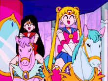 sailor moon and mars are riding horses in a carousel .