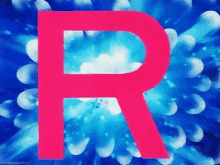 a pink letter r is surrounded by blue and white bubbles .