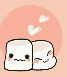 a couple of marshmallows with faces and hearts coming out of them