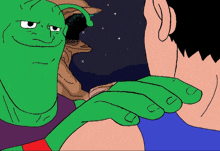 a cartoon drawing of a man and a green monster looking at each other