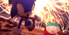 a cartoon character is standing next to a cartoon character in front of a fire .