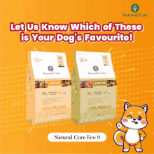 two bags of natural core eco 9 dog food are displayed