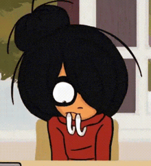 a cartoon character with black hair and a red hoodie is sitting at a table with her mouth open .