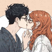 a drawing of a man and woman kissing with the woman wearing glasses