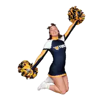 a cheerleader wearing a blue and yellow uniform with virginia tech on the front
