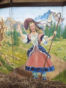 a painting of a woman holding a cane in front of a sign that says " welcome "