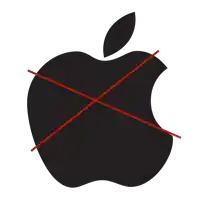 a black apple with a red line crossed through it