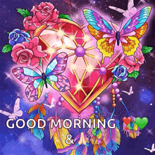 a painting of a heart with butterflies and flowers and the words good morning
