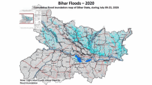 a map of bihar showing the cumulative flood inundation map of bihar state during july 09-23 2020