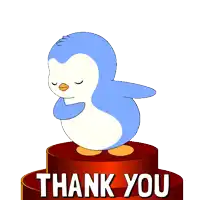 a blue and white penguin is standing on a red podium with the words thank you written below it