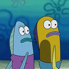 a couple of cartoon characters standing next to each other with a spongebob background