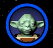 a picture of yoda in a blue circle in a star wars video game .