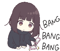 a cartoon of a girl holding a cell phone with the words bang bang bang written on it .