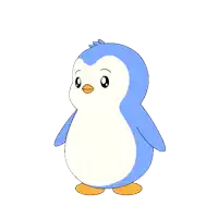 a cartoon of a blue penguin with a yellow foot