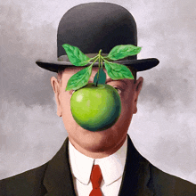 a painting of a man wearing a bowler hat with a green apple on his face