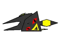 a pixel art drawing of a black and yellow object with red eyes