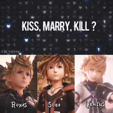 a collage of three kingdom hearts characters , sora , roxas and venus