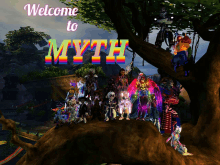 a group of people are standing under a tree with the words welcome to myth written above them