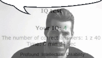 a black and white photo of a man with a speech bubble saying iq test