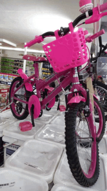 a pink bicycle with a pink basket on the front