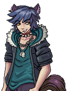 a pixel art drawing of a man with blue hair and a purple tail