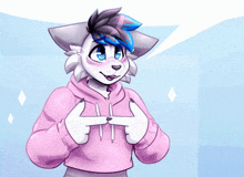 a furry character wearing a pink hoodie is making a heart shape with his hands