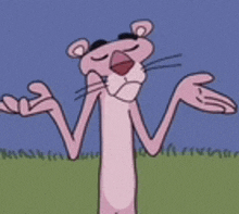 a pink panther is standing in the grass with his arms outstretched and his eyes closed .