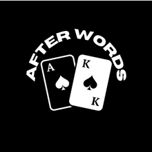 a logo for after words with two playing cards on a black background