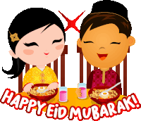 a happy eid mubarak greeting card with a boy and a girl eating noodles