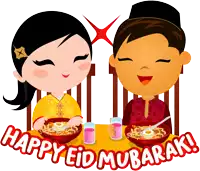 a happy eid mubarak greeting card with a boy and a girl eating noodles