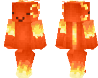 the front and back of an orange minecraft skin with flames coming out of it