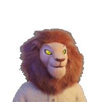 a stuffed lion with yellow eyes and a white shirt