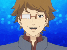 a cartoon character with brown hair and glasses is smiling with a blue background