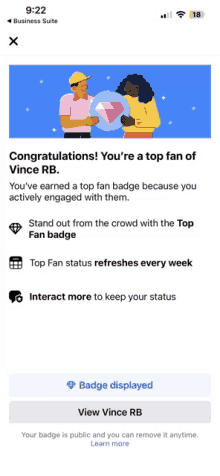 a screenshot of a facebook page that says congratulations you 're a top fan of vince rb .