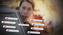 a man looking at a computer screen with a bunch of run over with a car stickers on it