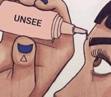 a cartoon of a woman holding a bottle of unsee eye drops .