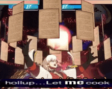 a video game character is holding up a bunch of papers and says " holl up let me cook "