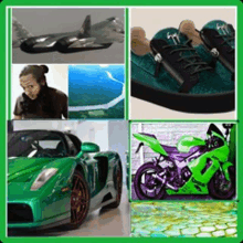 a green car and a green motorcycle are shown