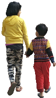 a girl in a yellow jacket holds hands with a boy