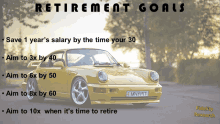 a yellow car with the words retirement goals written above it