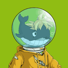 a cartoon of a man with a whale in a helmet on his head